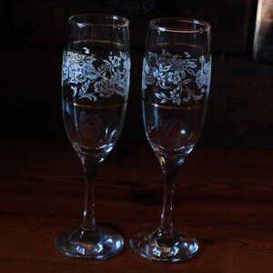 Vintage Pair of Pasabahce Floral & Gold Accent Champagne Glass Flutes